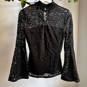 Women's Black Lace High Neck In XS, Elegant Bell Sleeve Blouse Top, EUC